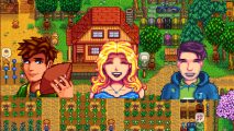Stardew Valley characters: Alex, Haley, and Shane smiling on a background of a farm