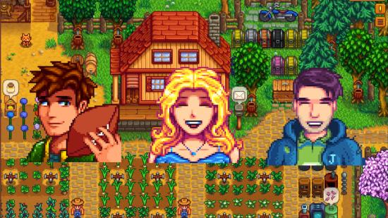 Personagens de Stardew Valley: Alex, Haley e Shane sorrindo em um fundo de uma fazenda