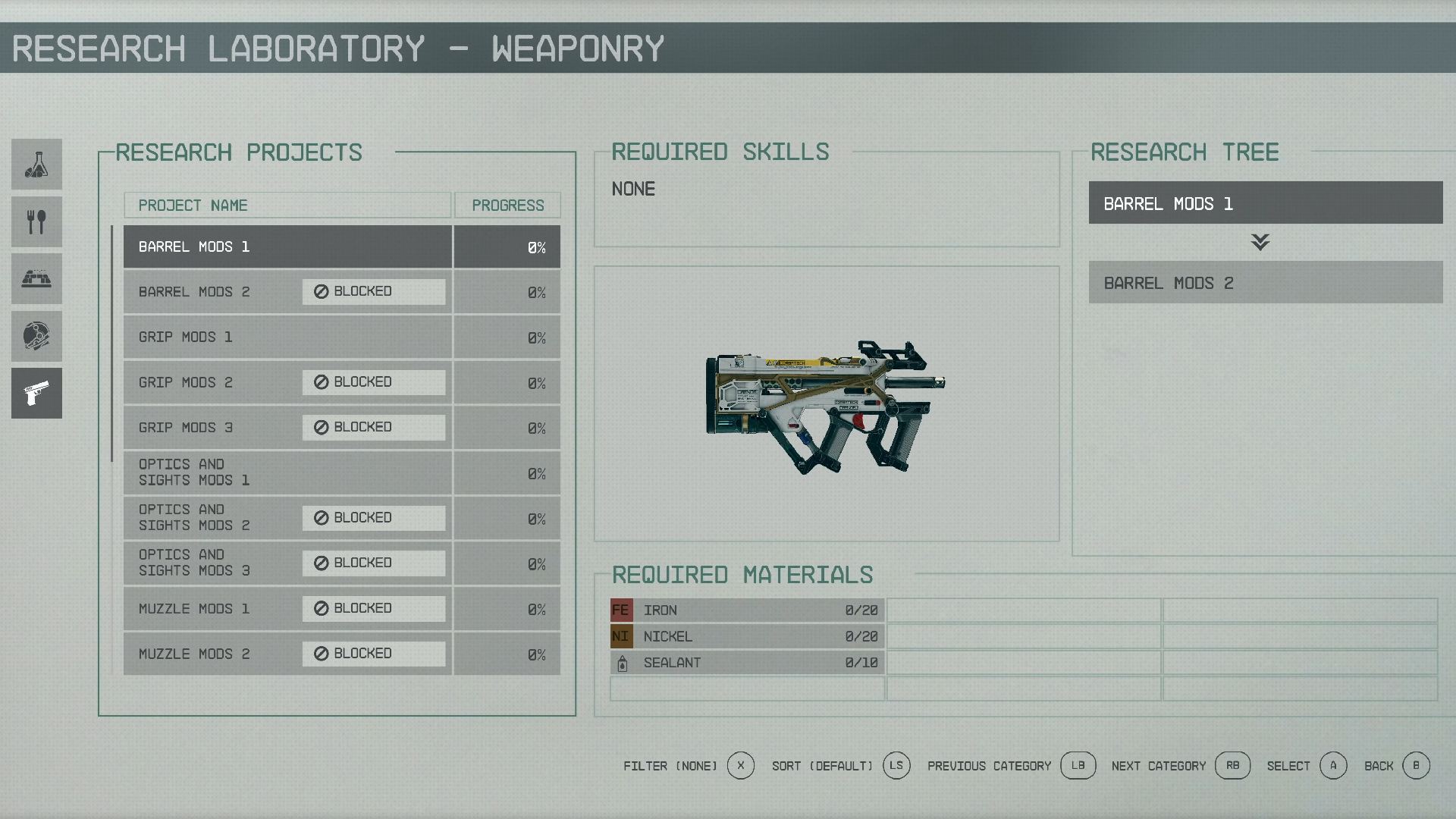 Starfield Research Projects: The menu showing the projects for weaponry can be seen.
