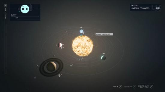 Starfield map size: an in-game menu in Starfield showing a view of a solar system