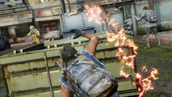 The Last of Us Multiplayer Director Factions LAN Parties: A player can be seen throwing a molotov at some opponents on the other team