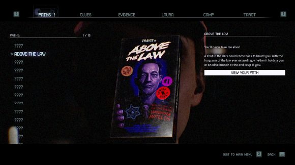 The Quarry Review: The Path menu from the game, there's a video tape in the middle fo the screen with "Above the Law" written on it