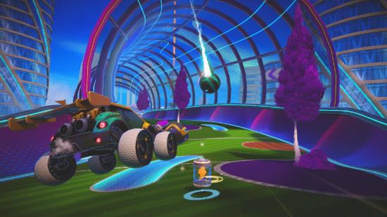 Turbo Golf Racing Release Date: A car can be seen jumping to hit a ball.