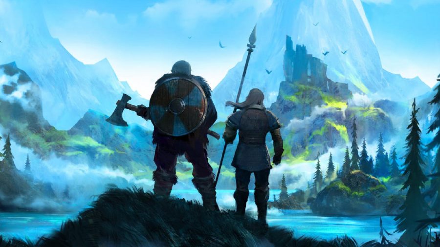 Valheim: Two players can be seen standing, overlooking a large open world