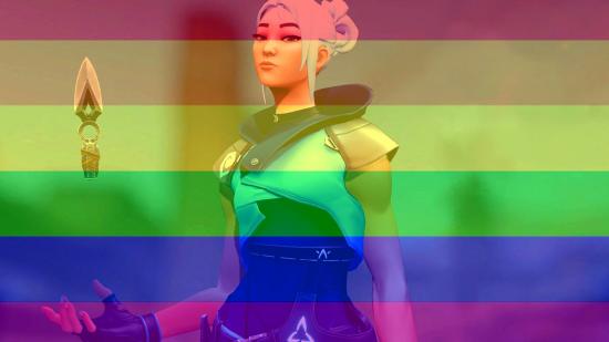 Valorant Pride Month Bundle: an image of Jett with the Pride Flag overlayed