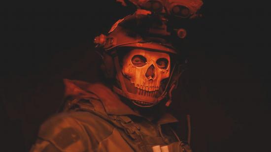 Warzone 2 cosmetics transfer: Call of Duty's Ghost bathed in a dark red light