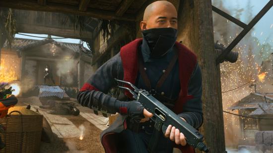 Warzone Season 4 SMG attachment buff: An operator in a black and red coat runs with an SMG in his hands