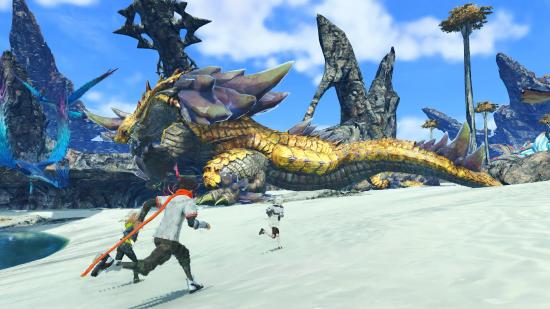Xenoblade Chronicles 3 DLC Expansion Pass Details: Characters can be seen running up a large hill with a monster in the background.