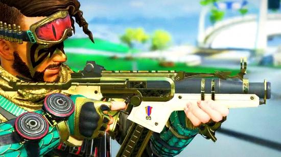 Apex Legends ALGS skins 100 Thieves Crazy Raccoon: An image of Mirage holding an SMG