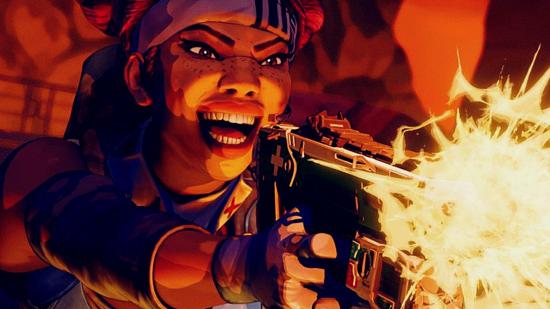 Apex Legends Lifeline: Lifeline's laughing face is illuminated by muzzle flash as she fires a weapon