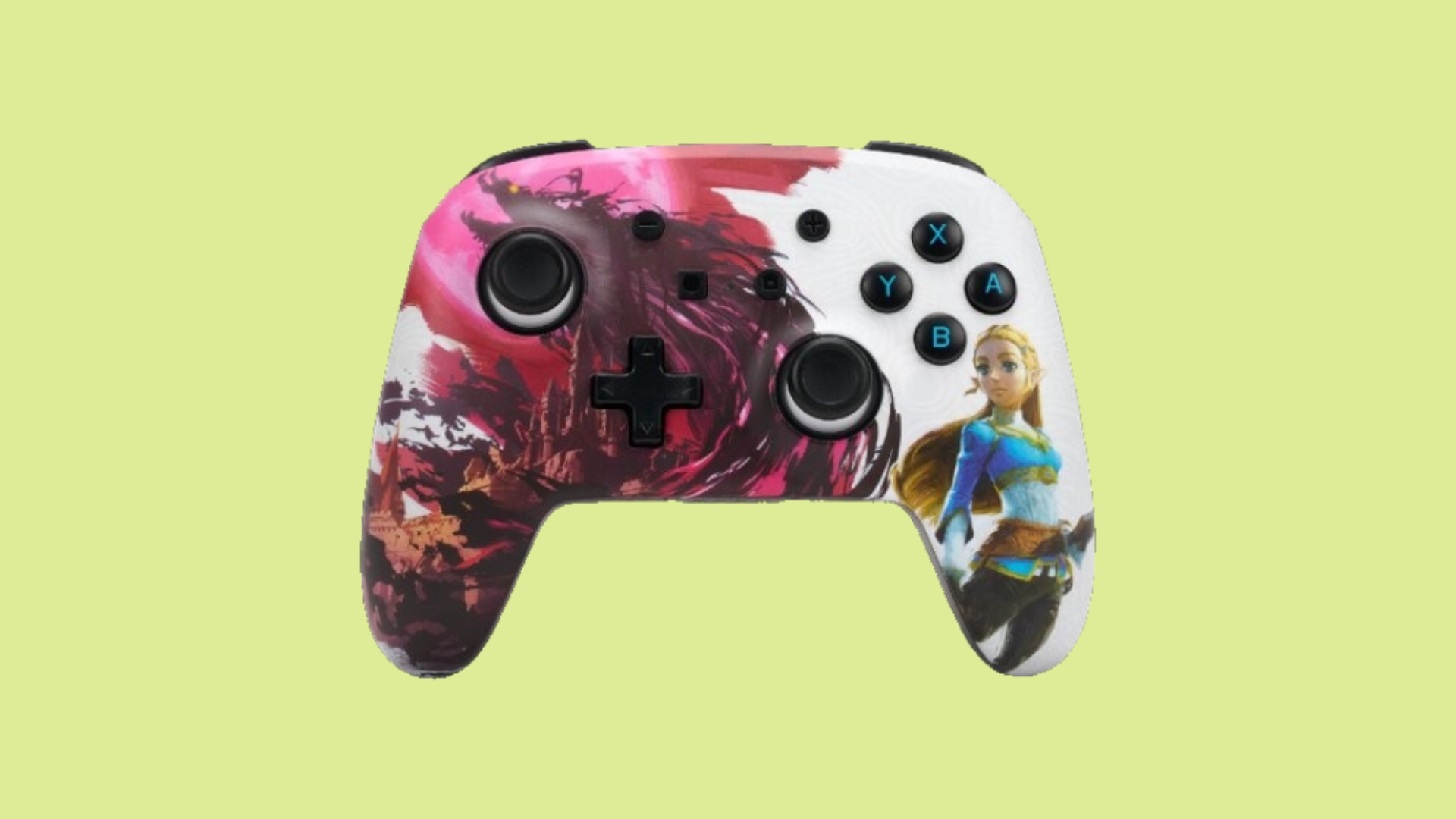 Best Nintendo Switch controllers - image shows a controller featuring Zelda artwork, alongside Ganon attacking Hyrule Castle.