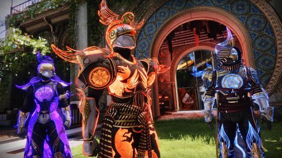 Destiny 2 Dream Work bug: three guardians wearing purple, orange, and blue-tinged armour