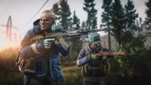 Escape From Tarkov Rasputin: Two escape From Tarkov players walk with their guns drawn. A powerline and trees are in the background