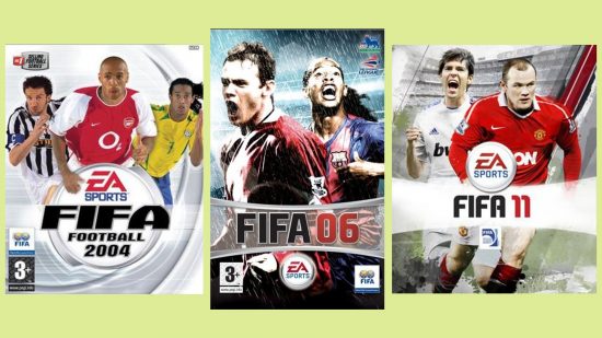 Every FIFA cover star: the covers of FIFA 04, FIFA 06, and FIFA 11 set against a green background