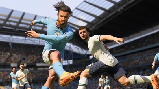 FIFA 23 Best Formations: A player can be seen kicking a ball while another realises he has missed it