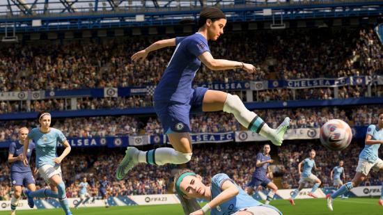 FIFA 23 Game Pass: Sam Kerr can be seen jumping over someone to kick the ball