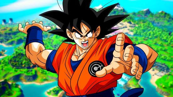 Fortnite leaks Dragon Ball Z four skins: an image of Goku infront of a blurred Fortnite island