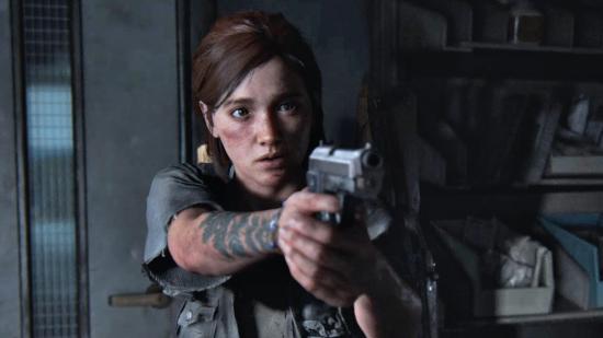 The Last of Us Fortnite: Ellie aims a pistol at someone