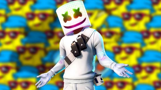 Fortnite update 2130 Marshmello concert: An image of Marshmello's Fortnite skin on a colourful background of bananas in shades