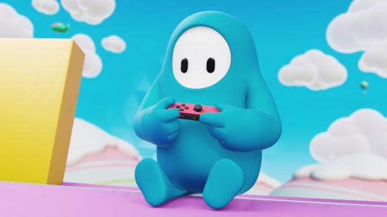 Free Nintendo Switch games: A Fall Guys blue bean holds a Joy Con