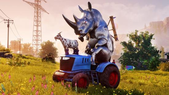 Goat Simulator 3 release date: a goat on a tractor with a mechanical rhino on the back