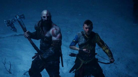 God of War Ragnarok launch release date announcement: an image of Kratos and Teen Atreus in the snow