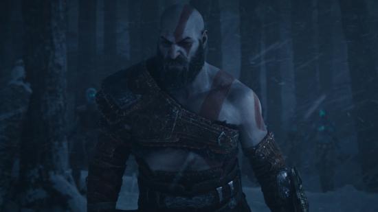 God of War Ragnarök pre-orders image - Kratos is seen standing in the dark looking like he wants to have a fight with someone.
