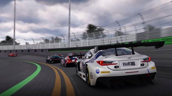 Gran Turismo 7 legendary car glitch: A train of cars racing round a banked corner in GT7