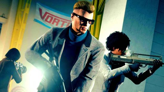 Grand Theft Auto V GTA Online Criminal Enterprises release time: An image of two GTA Online characters wearing suits holding guns