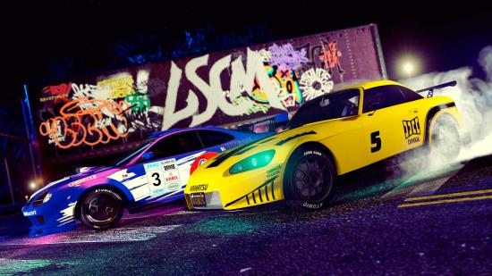 GTA Online Criminal Enterprises races payout: Two race cars in a graffitied area