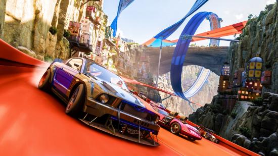 hot wheels dlc game pass car drifting around red plastic track in the expansion