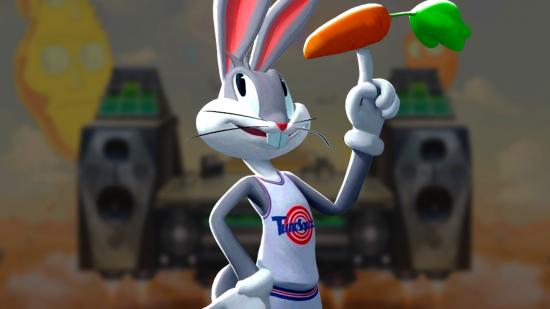 MultiVersus bugs bunny upcoming nerf: an image of Tune Squad Bugs in front of a dimmed Cromulon Stage image