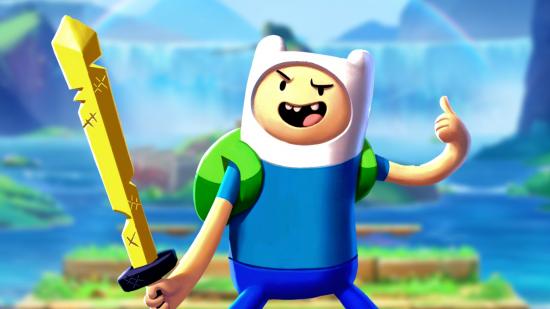 MultiVersus Finn Combos: an image of Finn from Adventure Time infront of a blurred waterfall