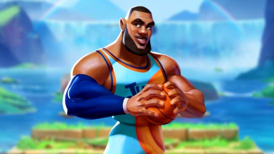 Multiversus LeBron James Combos: an image of Space Jam LeBron in front of a blurry waterfall