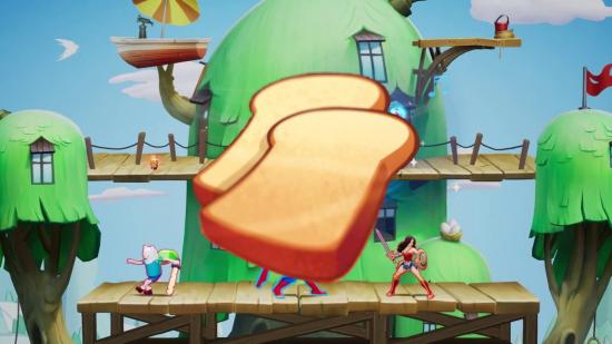 MultiVersus Toast Another Player: A piece of toast can be seen on a background of players fighting