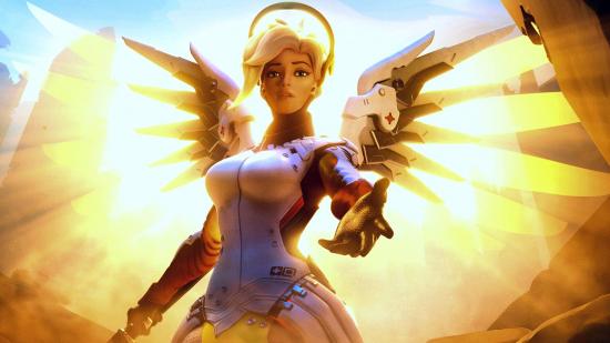 Overwatch Royal Knight Mercy: an image of Mercy holding her hand out like an angel