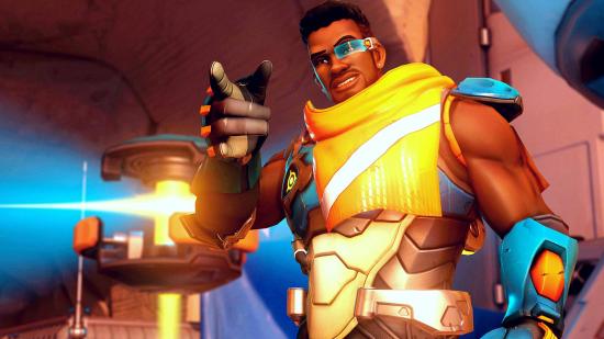 Overwatch text support hero teaser: an image of Baptiste pointing