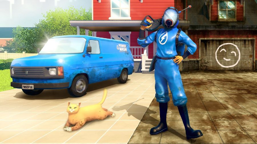 Powerwash Simulator: The player can be seen in front of his van and a dirty house, holding his powerwasher and a cat being seen on the ground