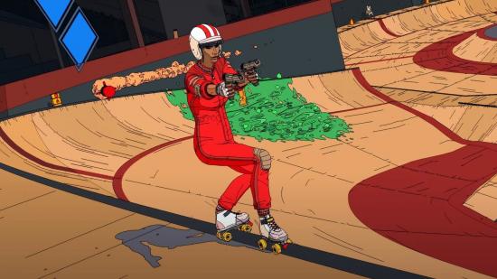 Rollerdrome PS Plus: A roller-skater in a red jumpsuit points two pistols in front of her i