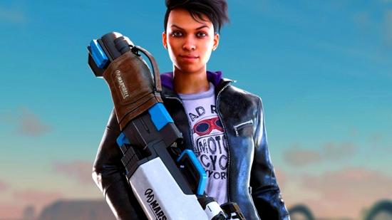 Saints Row gone gold launch: an image of a woman holding a rocket launcher in a leather jacket