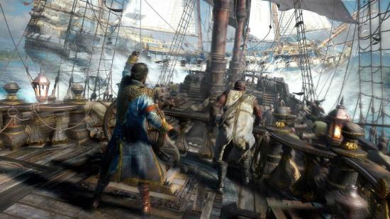 Skull and Bones Crossplay: A man can be seen steering a ship