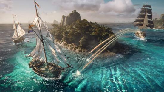 Skull and Bones Free To Play: Multiple ship scan be seen fighting across an island
