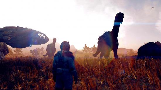 Starfield screenshot new aliens: an image of an astronaut looking at two dinosaur-like aliens