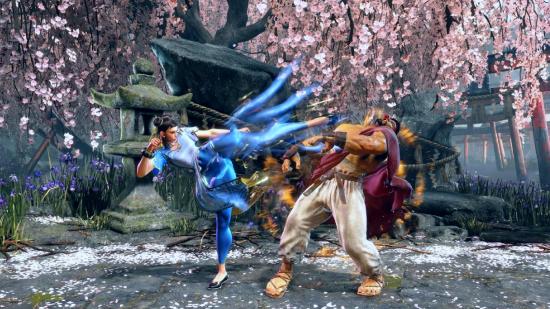 Street Fighter 6 Evo 2022: Two fighters brawl in front of cherry blossom trees in SF6