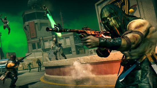 Warzone Kilo buff Season 4 Reloaded: A masked operator points their weapon as zombies approach in the background