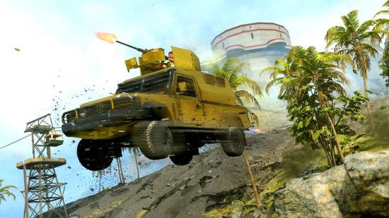Warzone Mercenary Vault locations: an image of an armoured SUV jumping off a rock