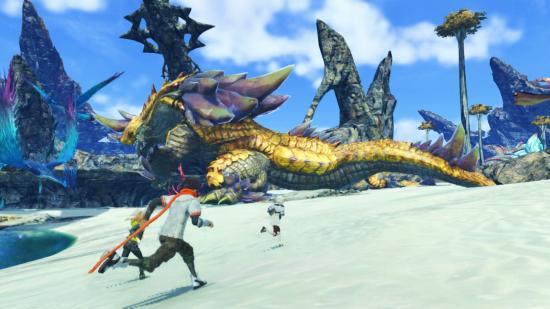 xenoblade chronicles 3 map party running down the beach next to a huge creature