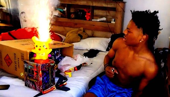 YouTube iShowSpeed Pokemon Fireworks: An image of iShowSpeed next to the Pikachu-shaped firework, lit inside his bedroom