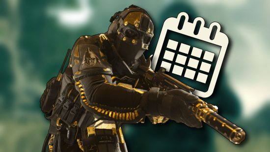 Warzone Season 5 release date: A soldier wearing black and gold armor against a blurred background with a teal hue. A calendar icon is behind their shoulder.