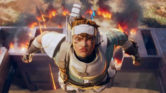 Apex Legends Vantage dash Jett Valorant: Vantage soars upwards with a grimace on her face as an explosion goes off below her